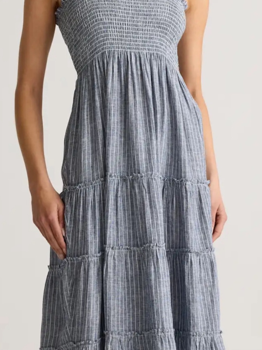 QUINCE Smocked Tiered Maxi Dress - Blue and white stripes.